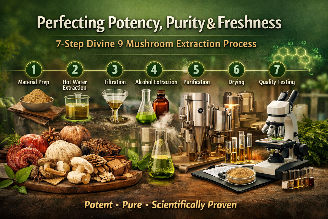 A green and gold infographic titled “Perfecting Potency, Purity & Freshness” shows the 7-step Divine 9 mushroom extraction process. 