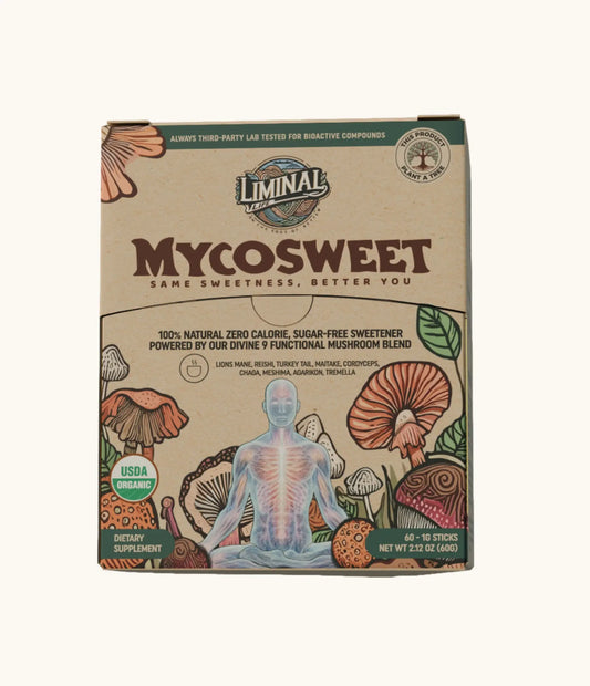 Front box view of MYCOSWEET zero-calorie, sugar-free sweetener with USDA Organic 9 mushroom blend featuring compostable packaging.