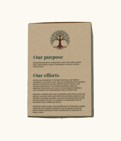 Side of MYCOSWEET box showing Liminal Life's purpose and commitment to sustainability through our tree-planting initiatives.