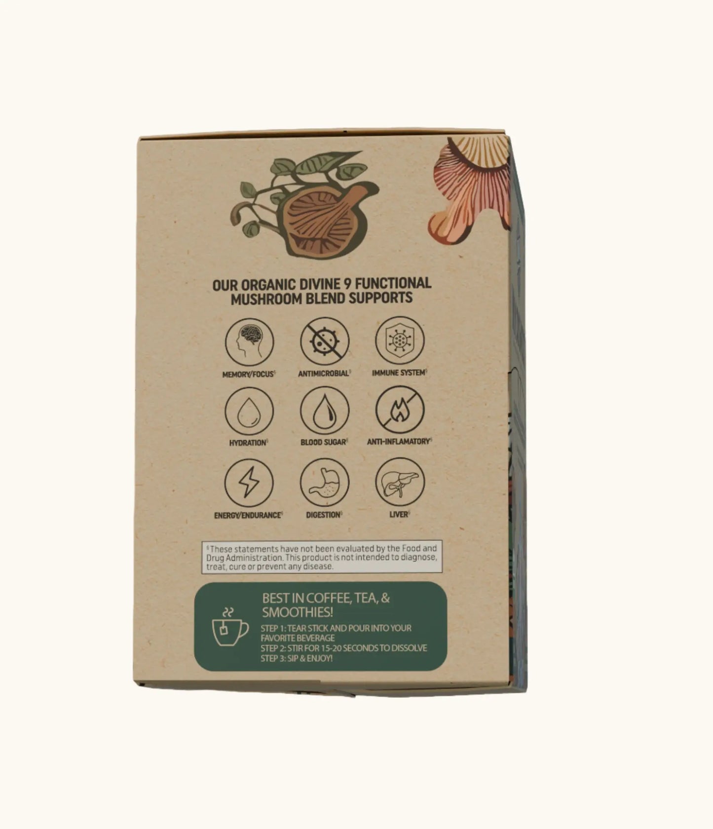 Side of MYCOSWEET box showing mushroom benefits like memory/focus, energy, immune system, anti-inflammatory, and digestion.