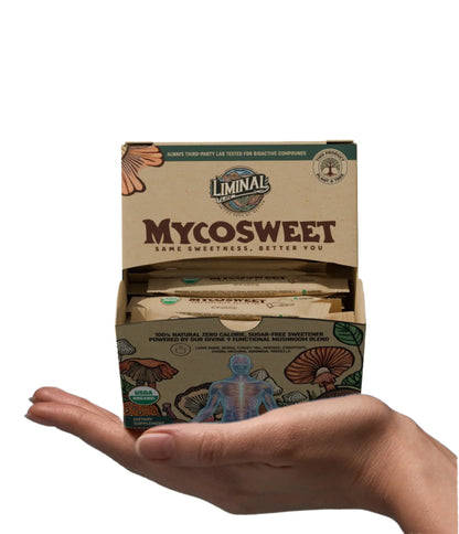 Customer hand holding up the MYCOSWEET box, highlighting its unique drawer functional packaging design.